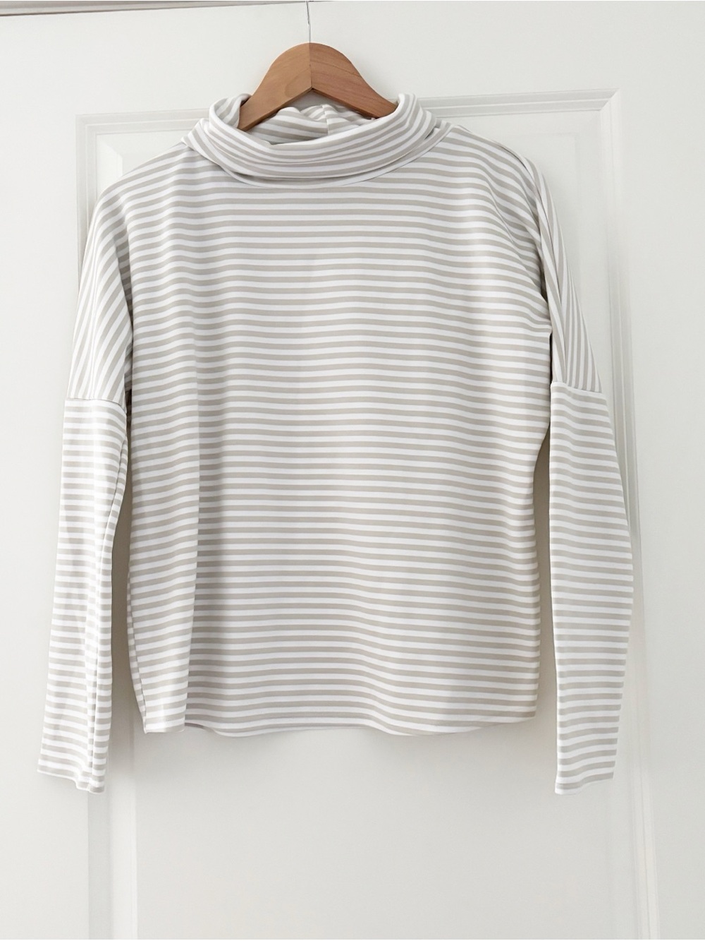 Oiselle One Mile Striped Turtleneck Pullover Top Neutral Running Drop Shoulder